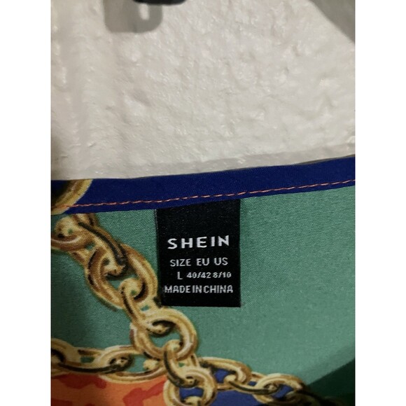 SHEIN Leopard Chain Print Blouse L | Color Block Satin Top Elegant - Picture 5 of 5